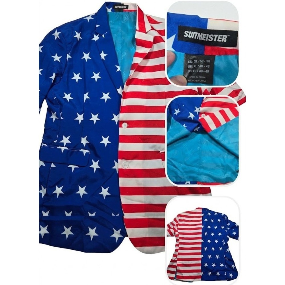 Suitmeister Blazer Mens XL American Flag Stars Stripes Novelty Short Sleeve Coat